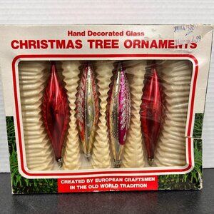 Christmas Tree Ornaments Hand Decorated Glass Set of 4 Teardrop VTG